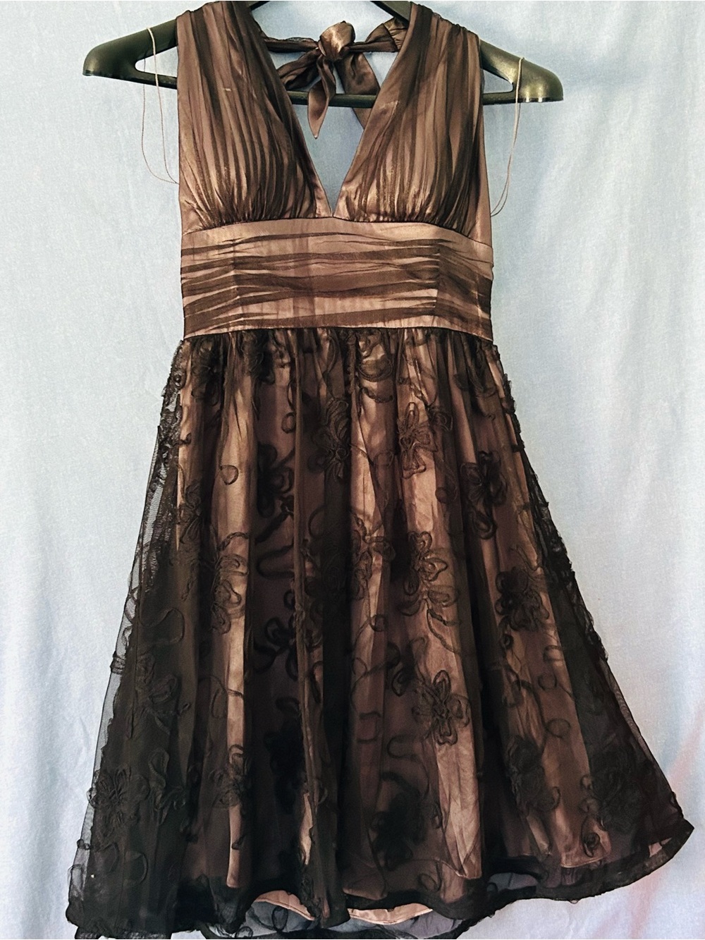 Adrianna Papell Elegant Black over Brown Lace Overlay Halter Dress SZ 12